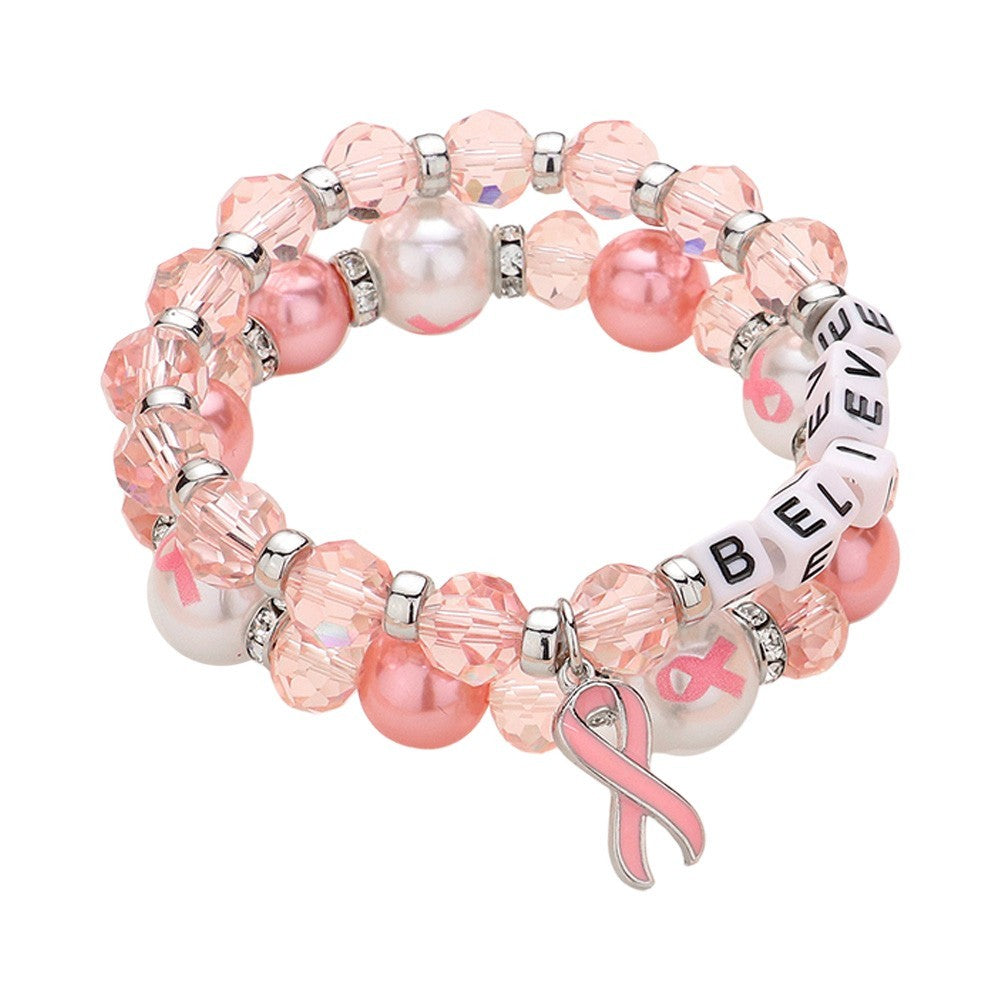 2PCS BELIEVE Message Pointed Pink Ribbon Beaded Stretch Double Layered Bracelets