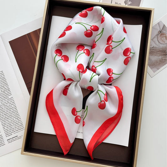 2pcs Women Cherry Print Square Scarf Silk Feel Hair Neck Head Wrap 27.5in