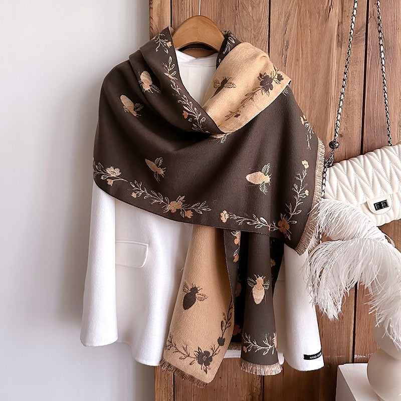 Statement Shawl Bee and Floral Embroidery Lightweight Soft Polyester Wrap