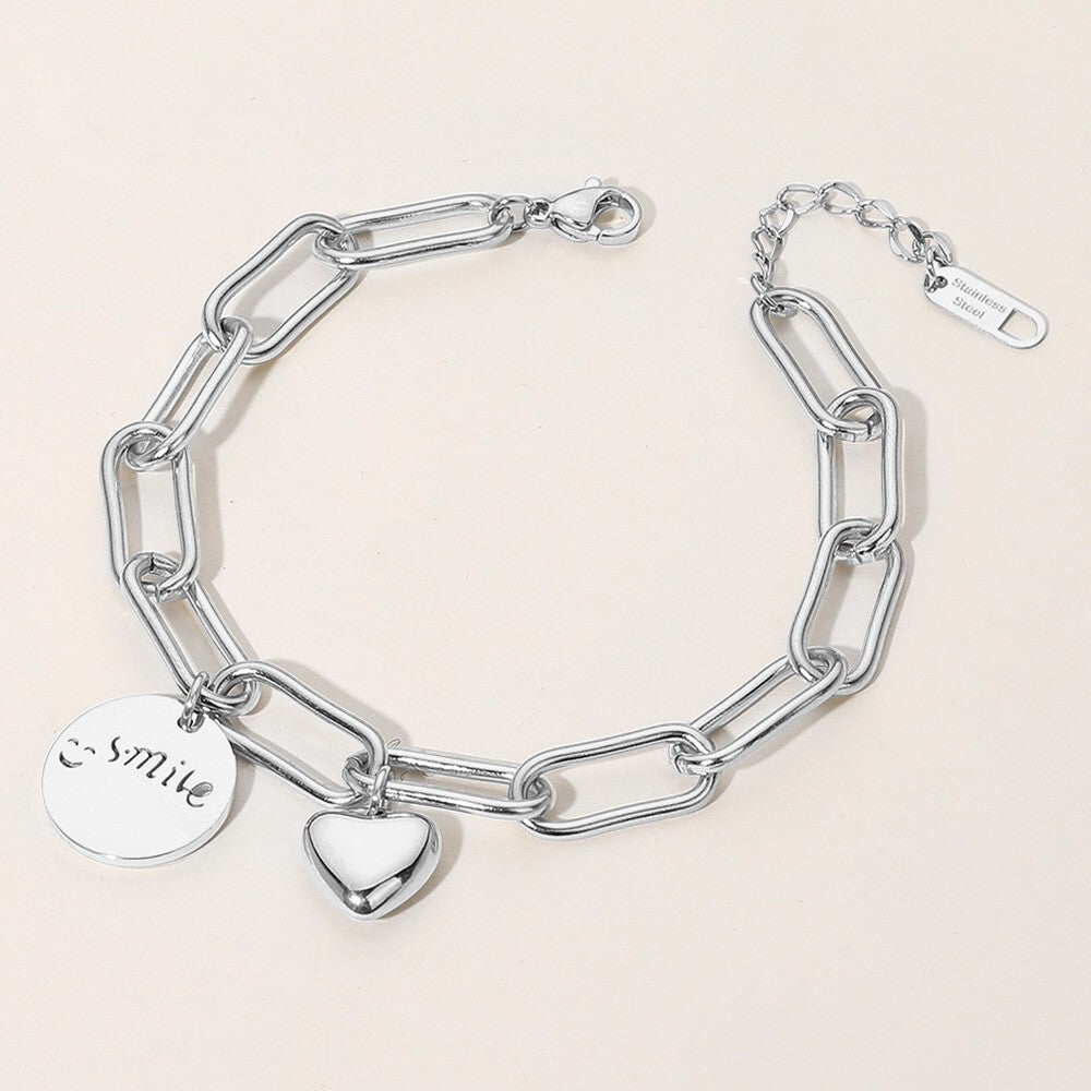 Smiley Face  Charm Paperclip Chain Bracelet Stainless Steel Women Silver Color