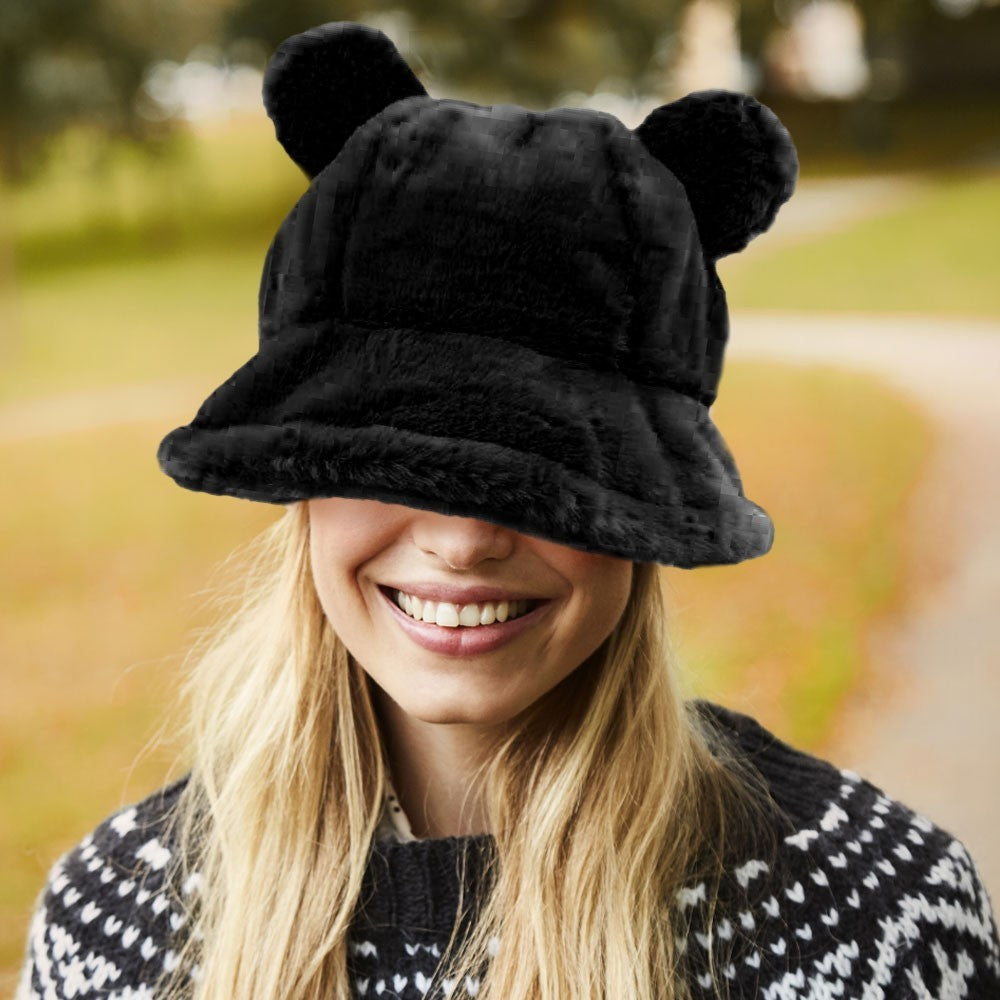 Cozy Plush Bucket Hat With Ears Black Winter Accessory Unisex Funny Hats Cold