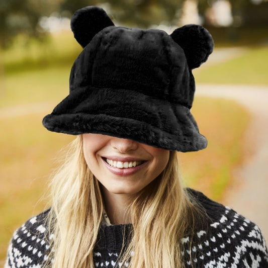 Cozy Plush Bucket Hat With Ears Black Winter Accessory Unisex Funny Hats Cold