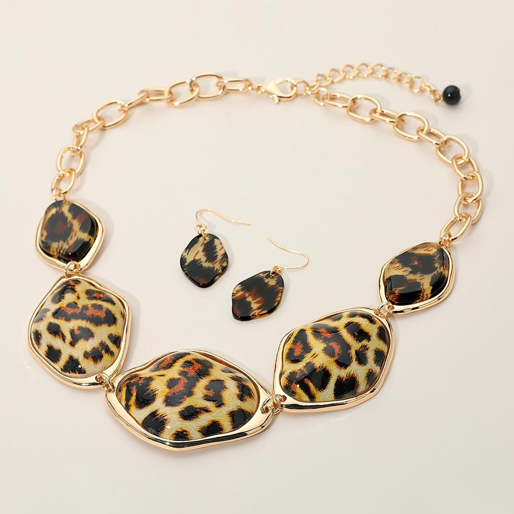 Chunky Bold Leopard Resin Pebble Plate Link Statement Necklace and Earrings Set