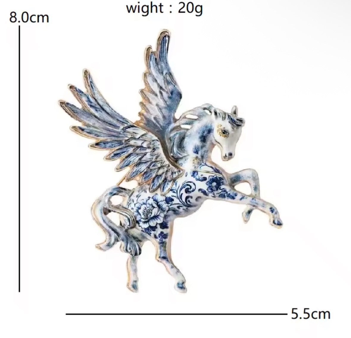 Vintage Enamel Pegasus Brooch - Blue and White Chinoiserie Style Flying Horse Pi