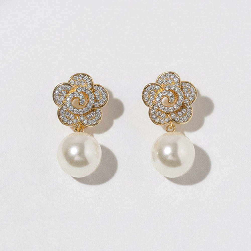 Sparkling Cubic Zirconia Flower & Faux Pearl Drop Gold Earrings