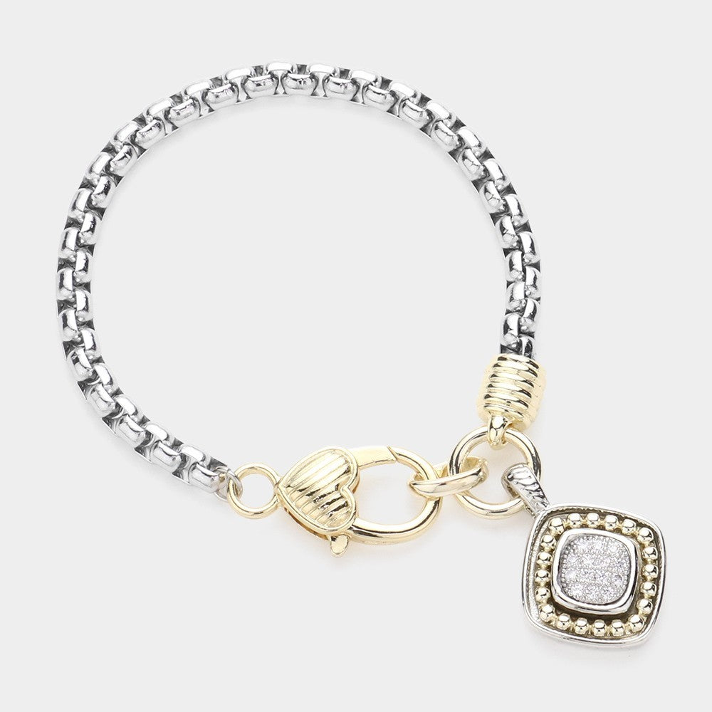 2PCS Mixed Metal CZ Charm Bracelet Set Box Chain 7.5" Layering Jewelry Gift