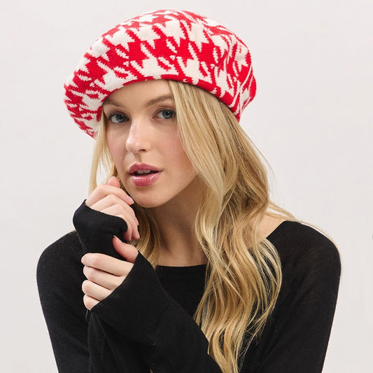 Classic Houndstooth Knit Beret Hat Women’s Winter Warm Stylish One Size