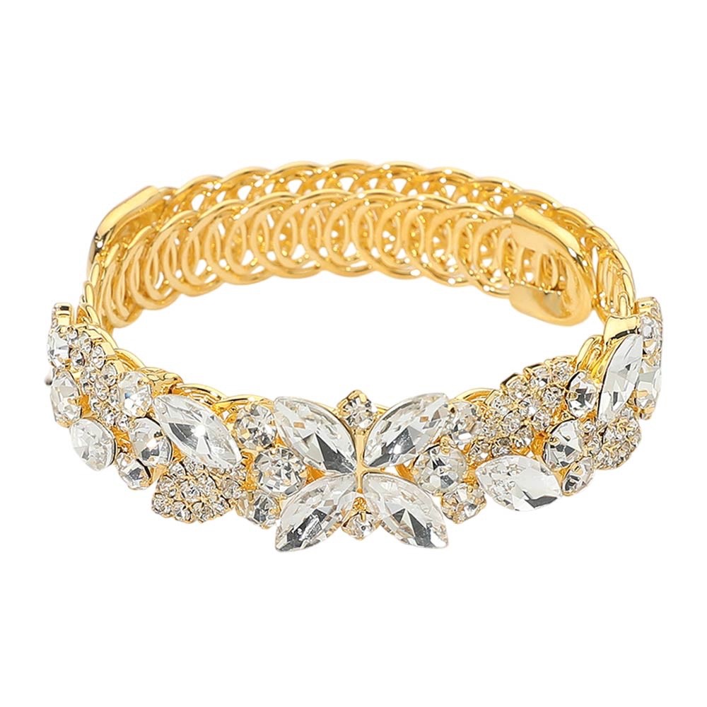Dainty Gold Floral Crystal Cuff Bracelet Sparkling Marquise Stone Jewelry Gift