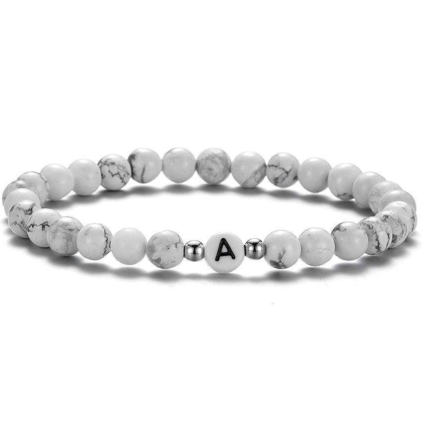 White Howlite Beaded Initial Bracelet Letter A Stone Jewelry Gift Unisex