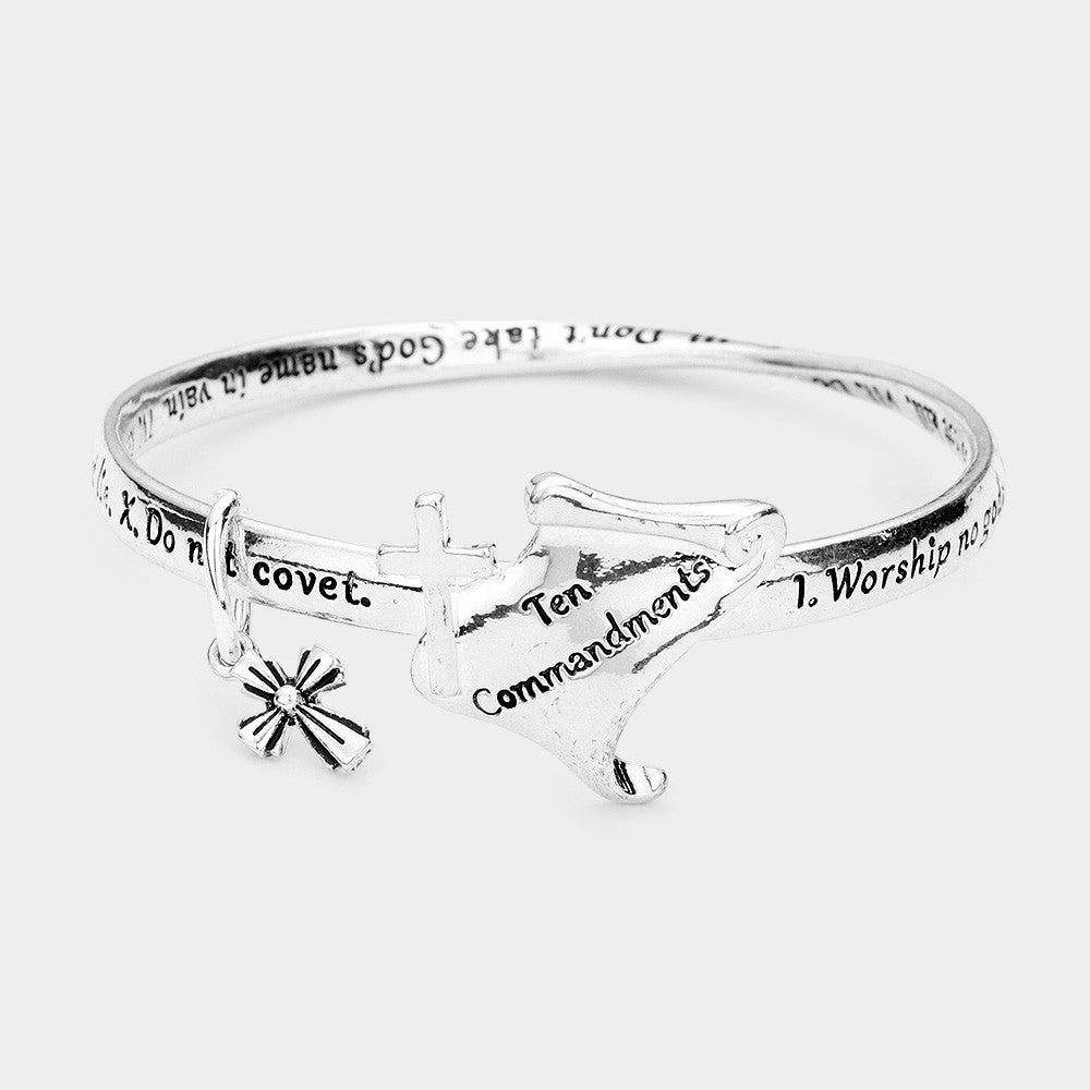 Antique Silver Ten Commandment Cross Message Charm Bangle Bracelet Religious