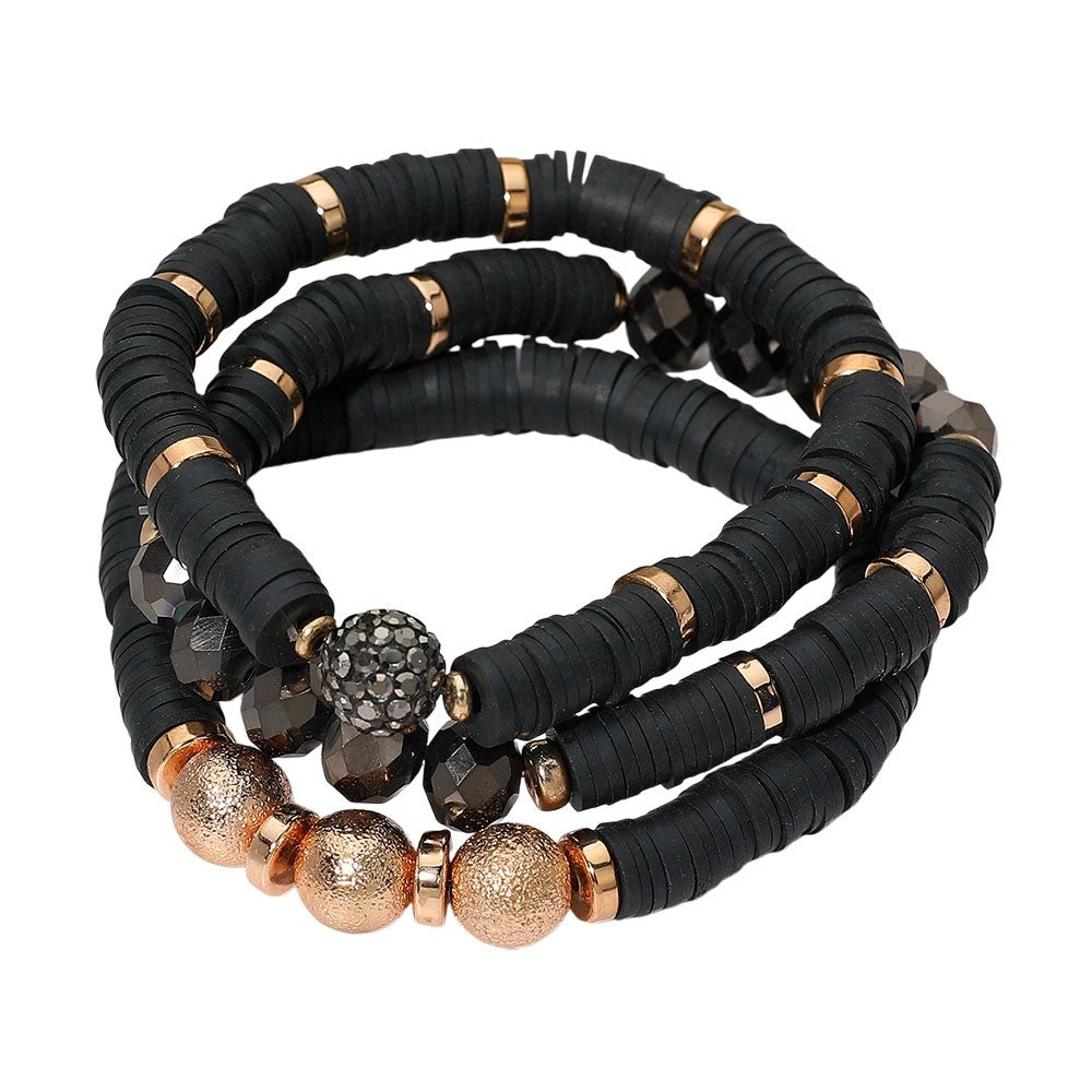 Chic 3 Piece Black Heishi Bead Stack with Gold Accents and Crystal Disco Ball