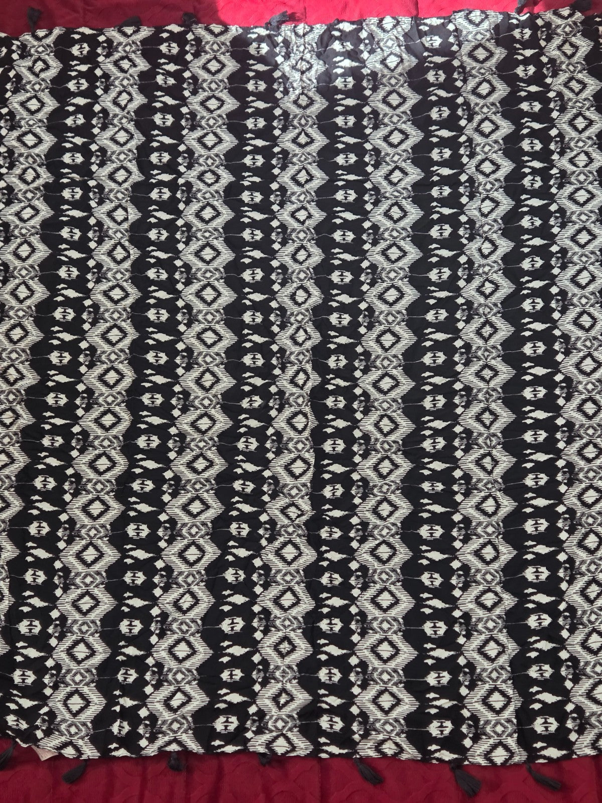 Ikat Geometric Tassel Scarf Wrap Shawl Black White Viscose Boho Festival New