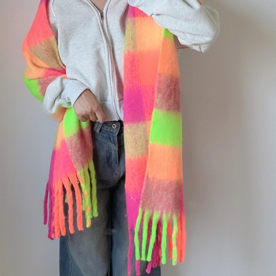 Neon Plaid Tassel Scarf Oversized Blanket Shawl Thick Winter Wrap Hot Pink