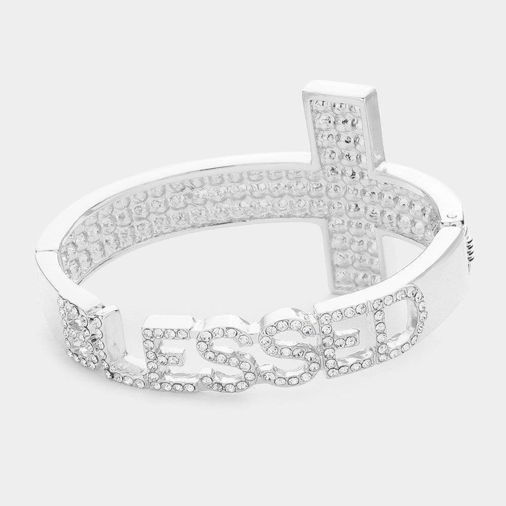 BLESSED Rhinestone Embellished Cross Charm Hinged Cuff Bracelet for Women Silver