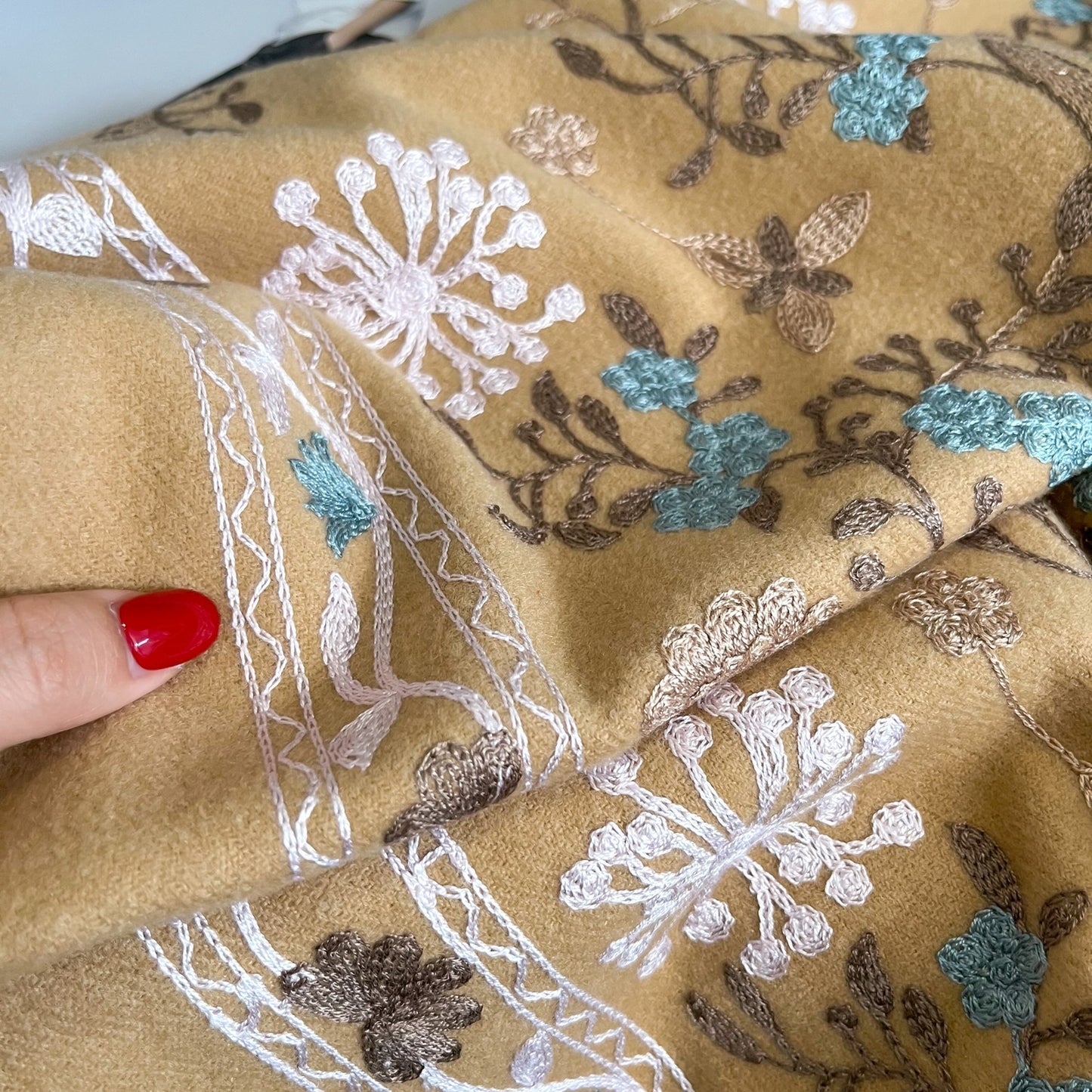 Floral Embroidered Yellow Cashmere Wool Scarf Shawl Wrap 78.7 x 27.6 Inches