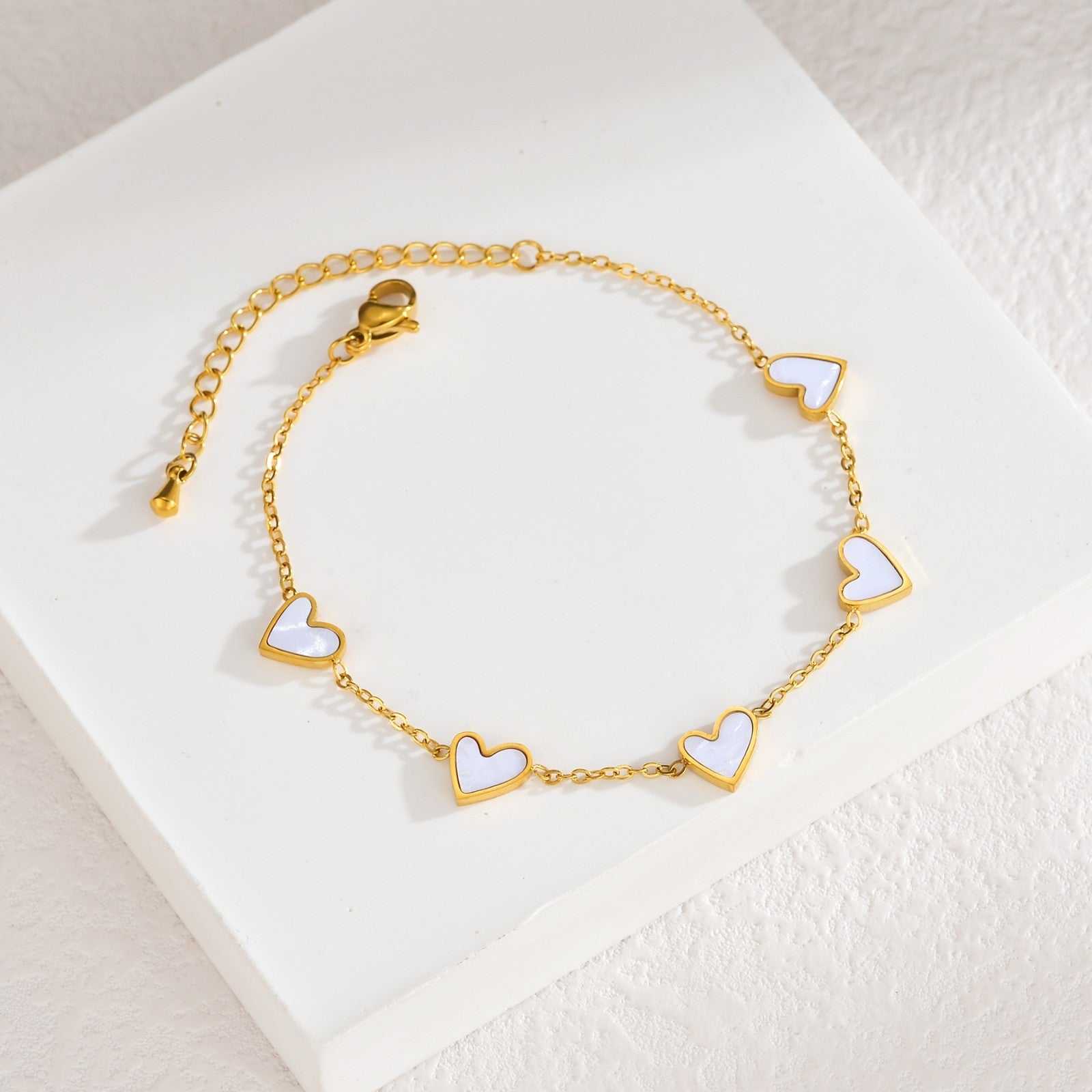 Dainty 2 Pcs Gold Heart Station Bracelet Set Black White Adjustable Chain