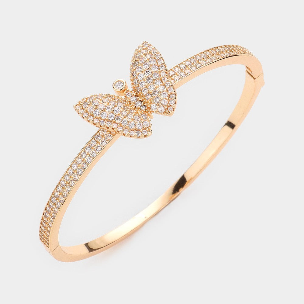 Gold Butterfly Bangle Bracelet Pave CZ Crystal Accented Evening Fashion Jewelry