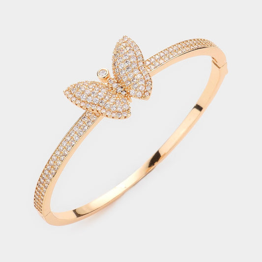 Gold Butterfly Bangle Bracelet Pave CZ Crystal Accented Evening Fashion Jewelry