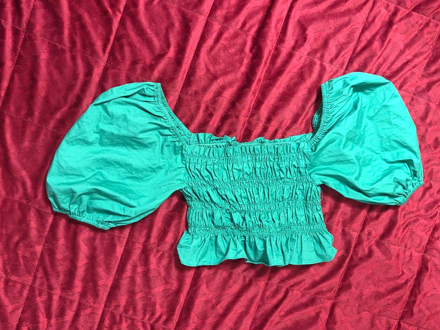 Smocked Green Crop Top for Women Medium Size  Ruffle Sleeve Summer Casual Shirt