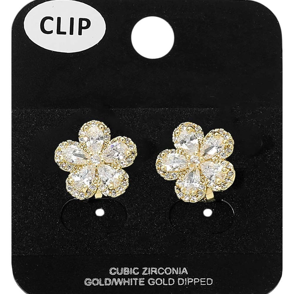 Gold Tone Cubic Zirconia Flower Cluster Clip On Earrings for Non Pierced Ears
