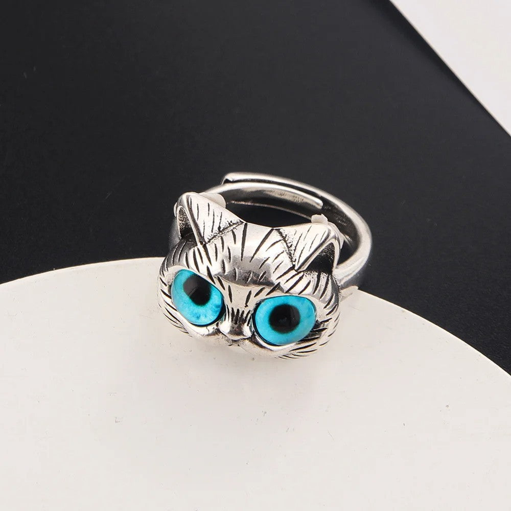 2 Pcs Adjustable Cat Rings Blue Eyes Pet Lover Animal Jewelry Gift for Women