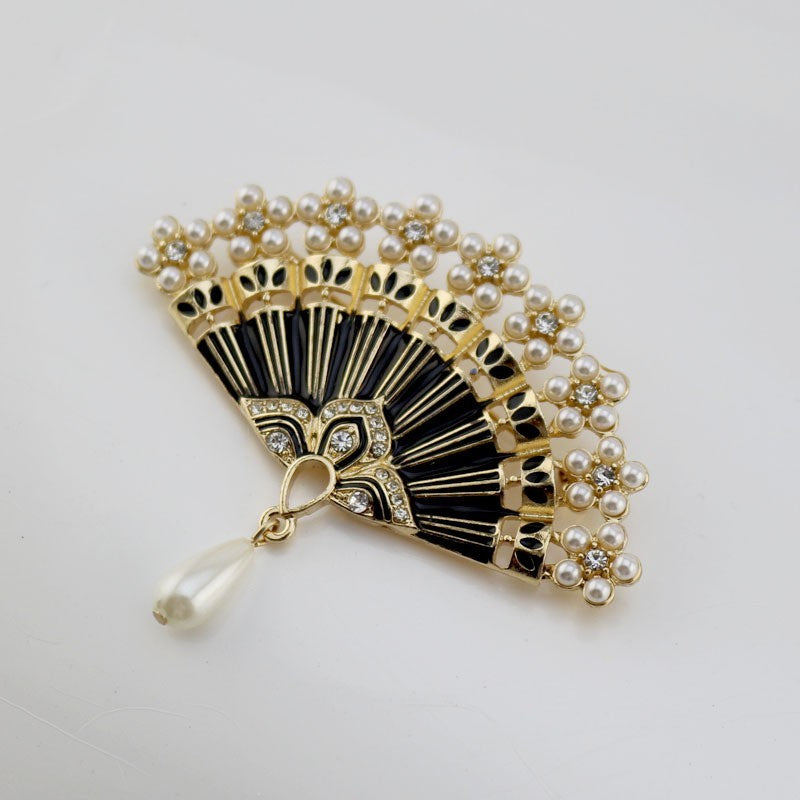 2pcs Folding Fan Brooch Pin Pearl Rhinestone Vintage Enamel Jewelry Set