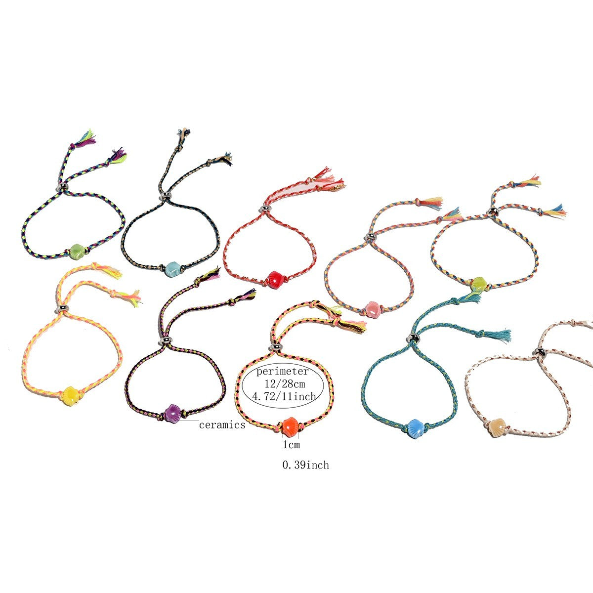 10 Colorful Braided Ceramic Seashell Bracelet Adjustable Handmade Beach Jewelry