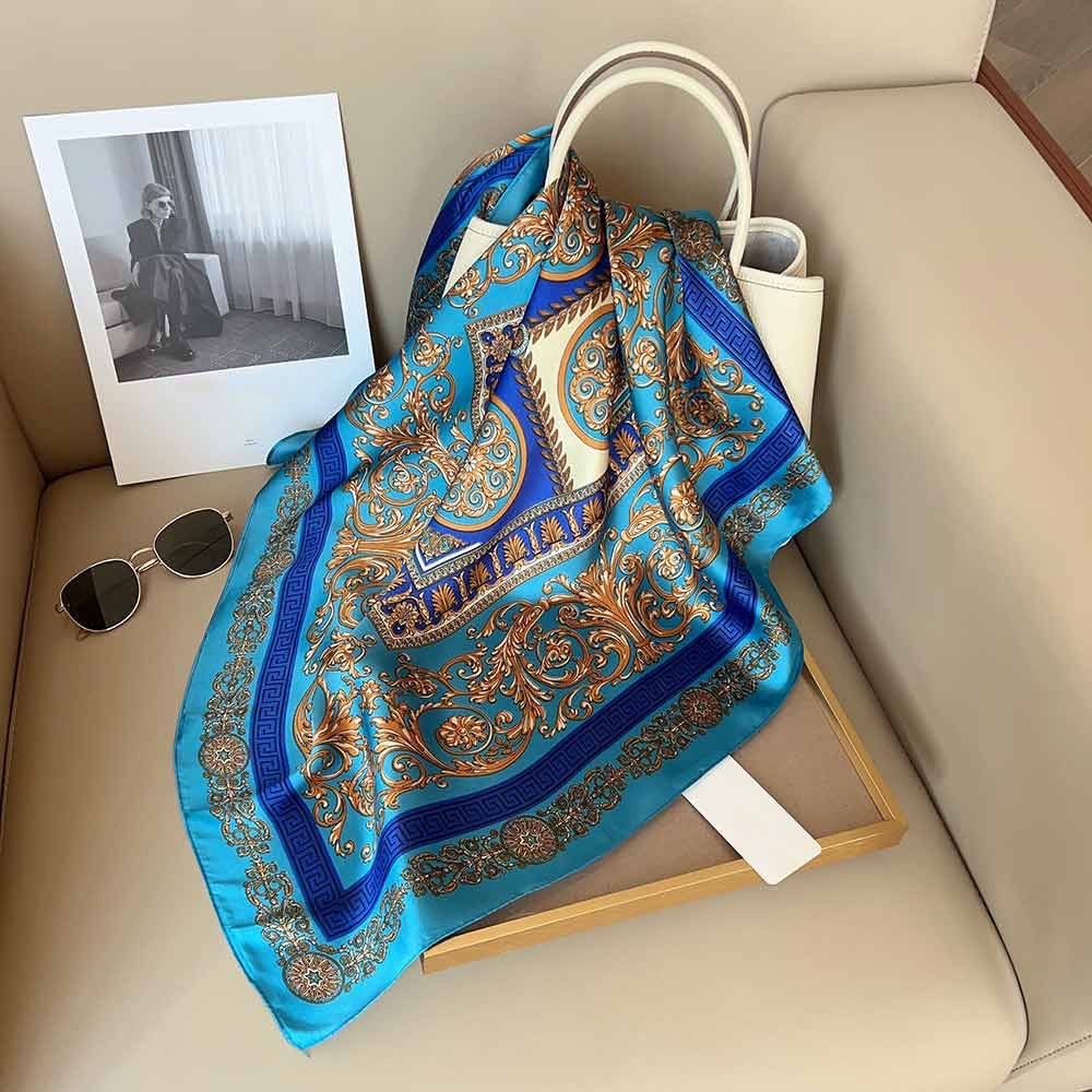 Blue Gold Baroque Silk Like Scarf Square Neck Head Scarf Bandana Handbag Wr