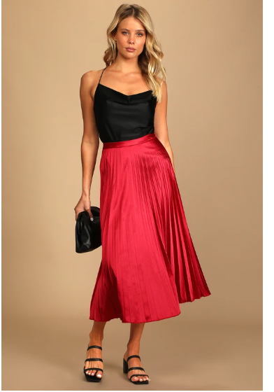 Bright Red Satin Pleated Midi Skirt for Women Elegant Flowing Skirt for Ladies