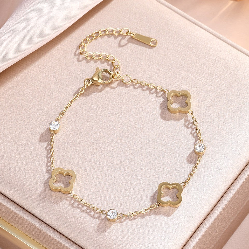 2PC Clover Charm Bracelet Set Gold & Silver Tone Stainless Steel Dainty CZ Gift