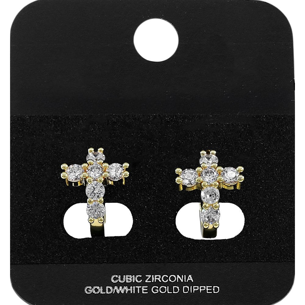 Gold Cubic Zirconia Cross Huggie Hoop Earrings Religious Faith Jewelry Gift