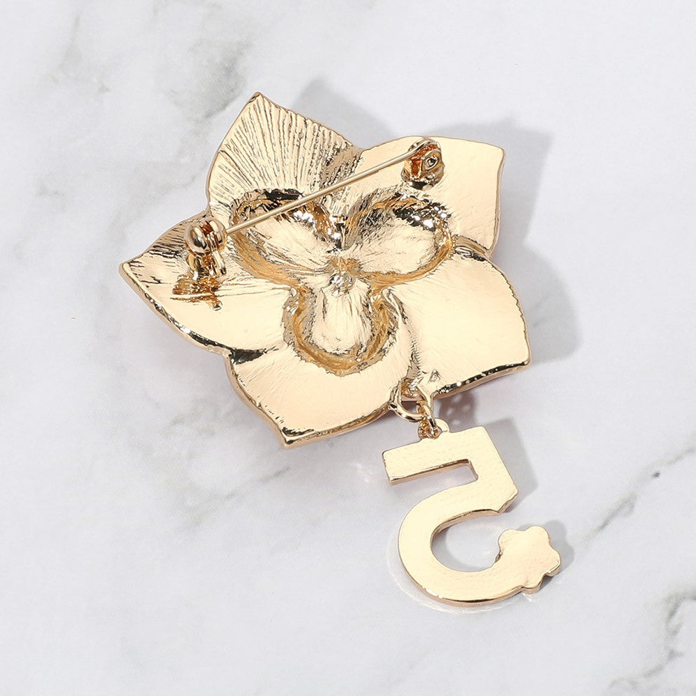 Gold Tone CZ Stone Pointed Enamel Flower Pin Brooch with Number 5 Dangle Charm