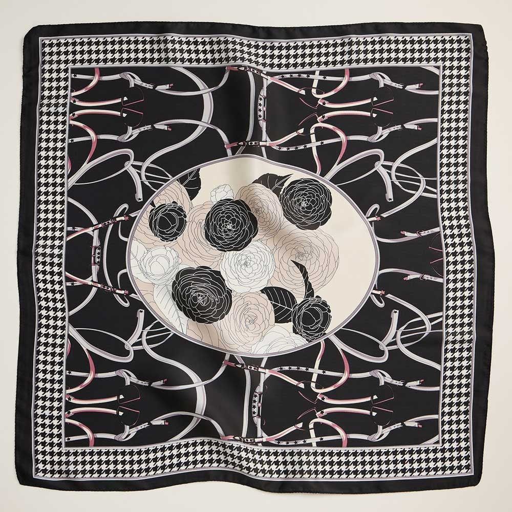 Black Rose Bouquet Houndstooth Square Silky Satin Scarf  Elegant Floral Print