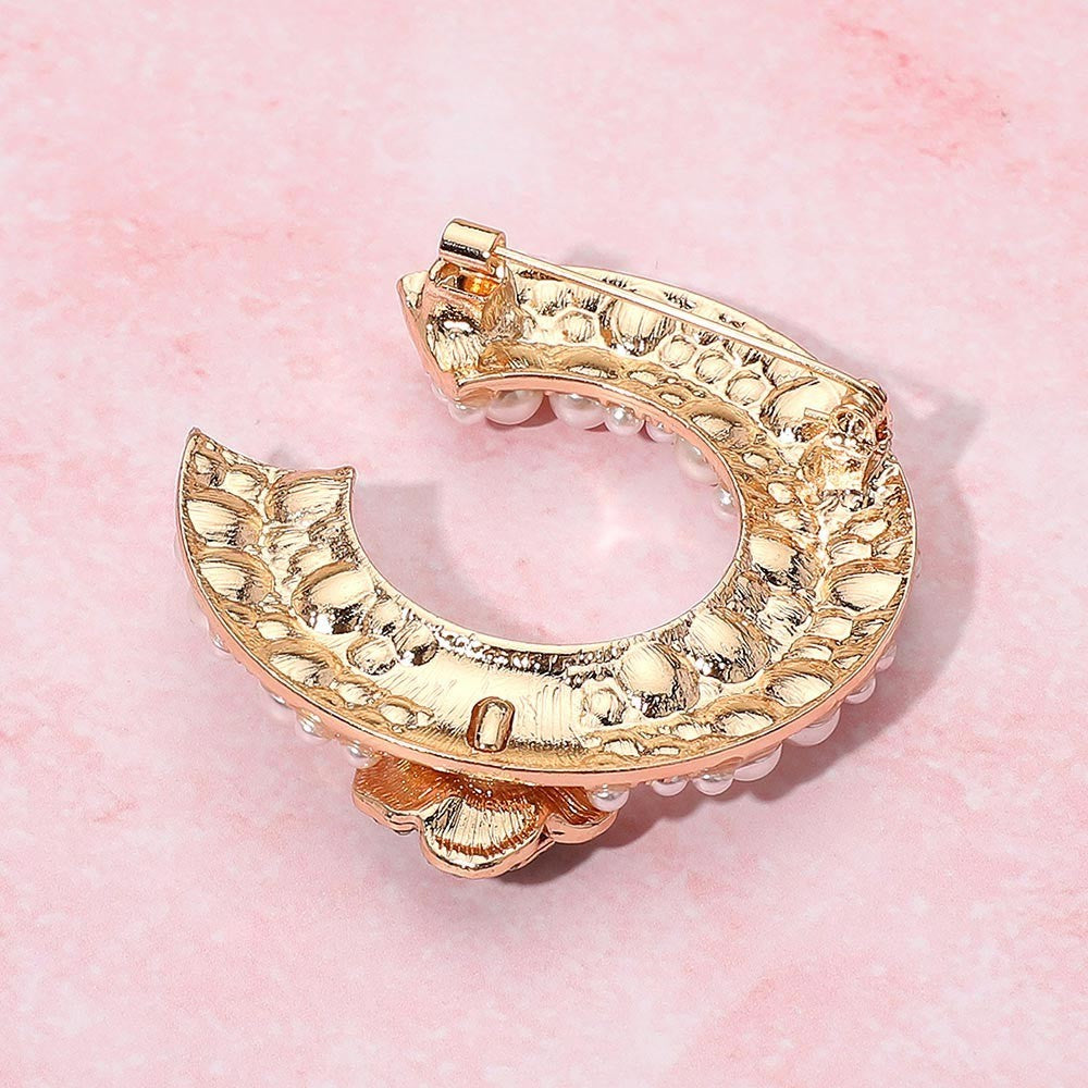 Rose Gold C Letter Brooch Pin Faux Pearl Crystal Flower Accent Vintage Style