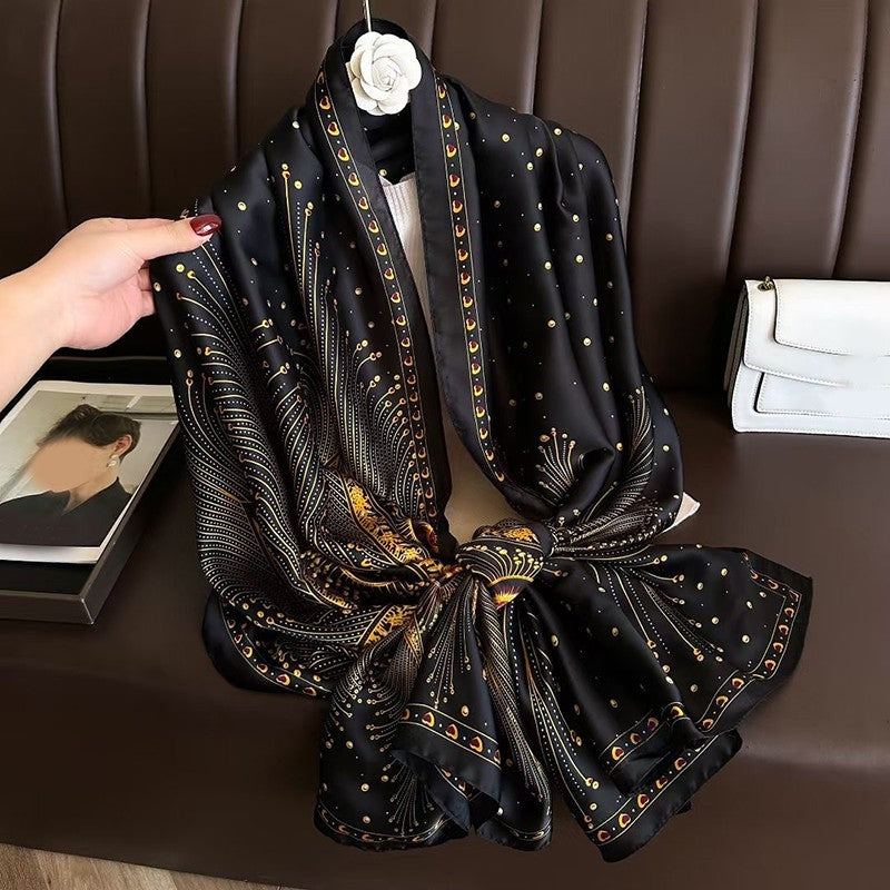 NEW Black Gold Peacock Feather Scarf Shawl Wrap 70in x 35in Silk Feel