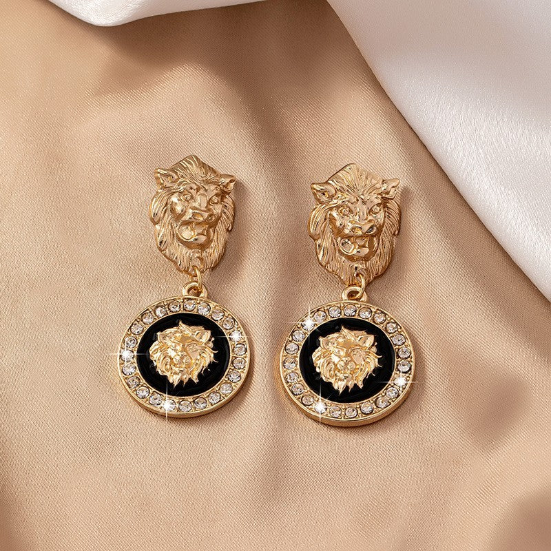 Vintage Lion Head Gold Tone Dangle Earrings Black Crystal Drop