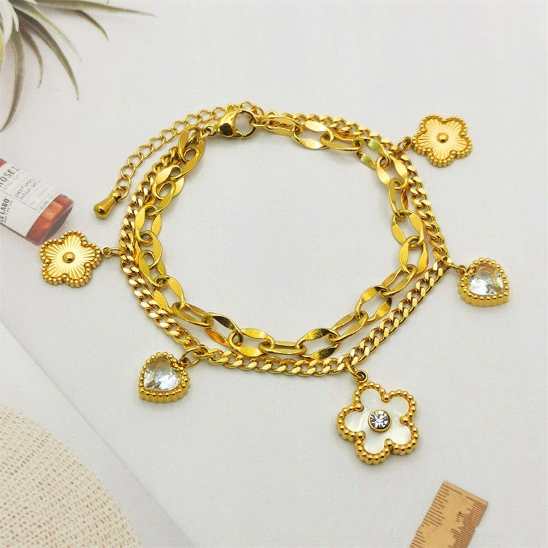 Yellow Gold Plated Double Layered Chain Charm Bracelet with Flowers & Hearts