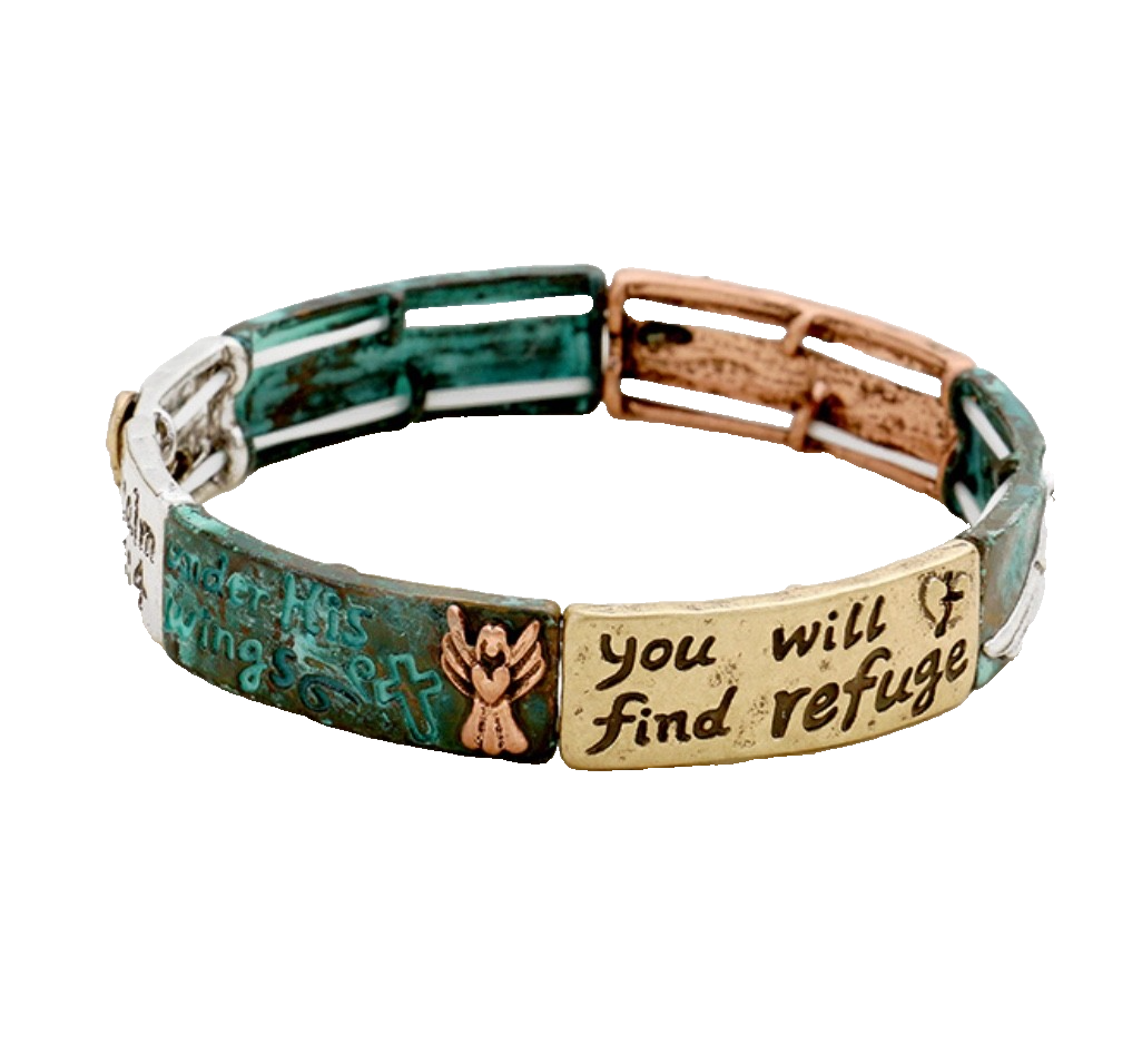 Psalm 91 Angel Wing Mixed Metal Stretch Bracelet Inspirational Christian Jewelry