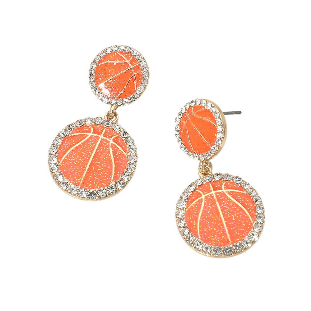 Rhinestone Rim Glittered Orange Basketball Double Link Drop Post Back Earrings