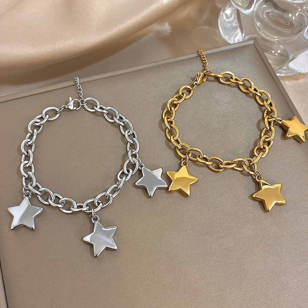 2pcs Gold Silver Star Charm Bracelet Set Chain Link Adjustable Jewelry