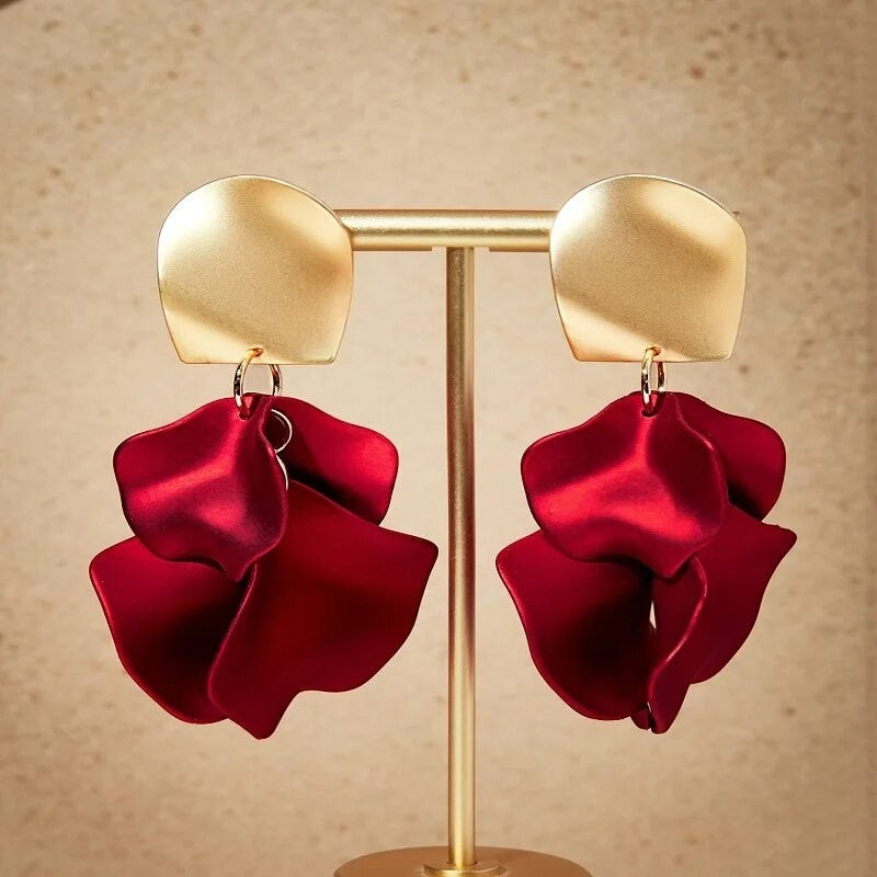 Red Flower Petal Drop Earrings Gold Statement Dangle Wedding Jewelry Fashion