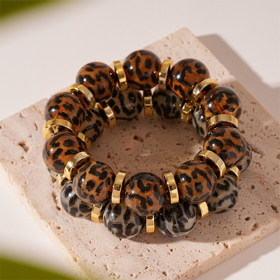 2PC Leopard Print Acrylic Beaded Bracelets Gold Spacers Set Stretch