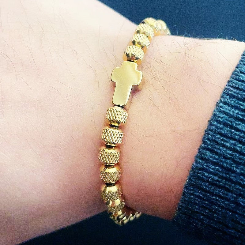 Men's Gold Cross Bracelet Adjustable Beaded Charm Christian Jewelry Gift