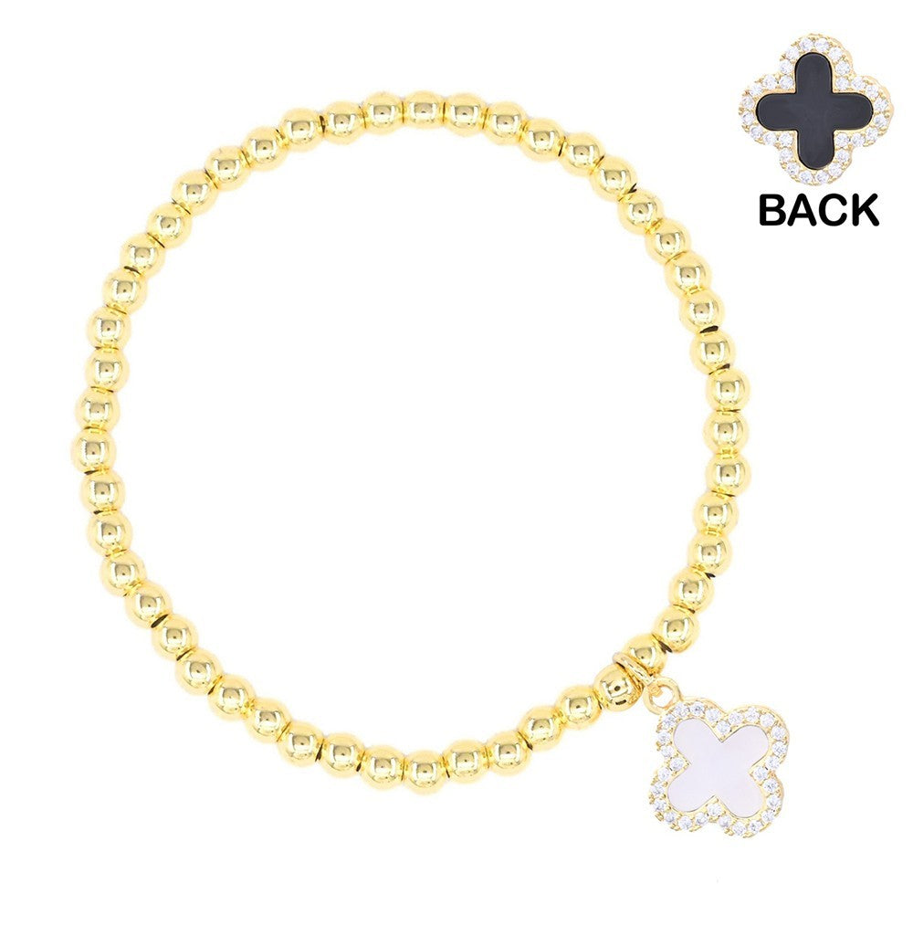 Reversible Stainless Steel Quatrefoil Beaded Stretch Bracelet – Mother of Pearl