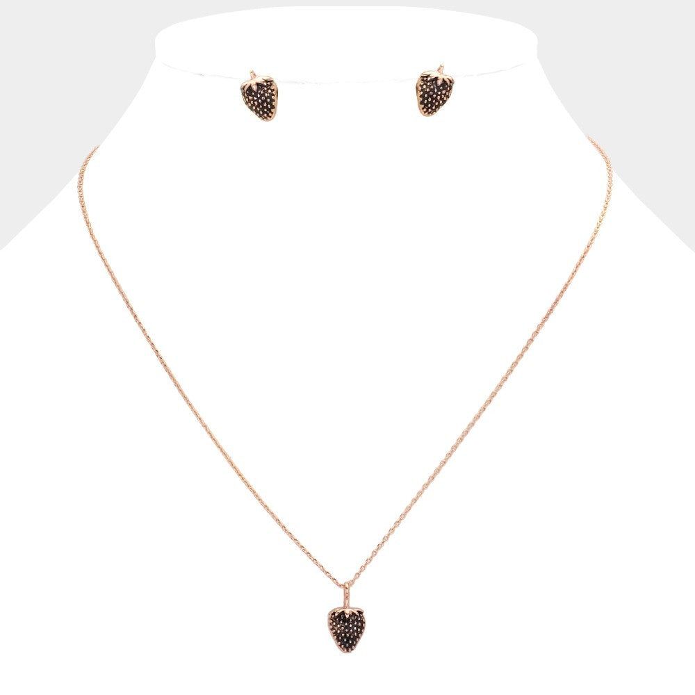Vintage Rose Gold Strawberry Metal Pendant Necklace and Earring Set for Women
