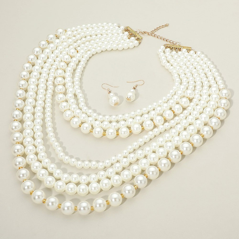 Gold Tone Multi Strand Bold Cream Faux Pearl Statement Necklace and Earrings