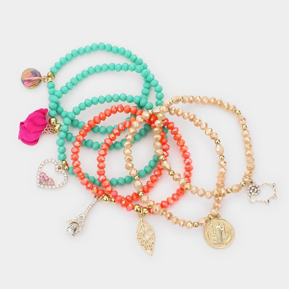7PCS Charm Beaded Bracelets Set Eiffel Tower Heart Flower Leaf for Women