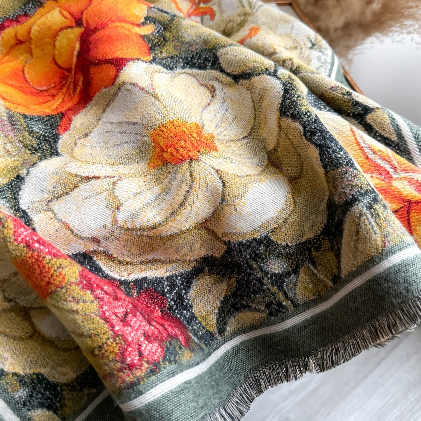 Reversible Floral Butterfly Shawl Scarf Wrap Jacquard Knit Wool Blend Scarves