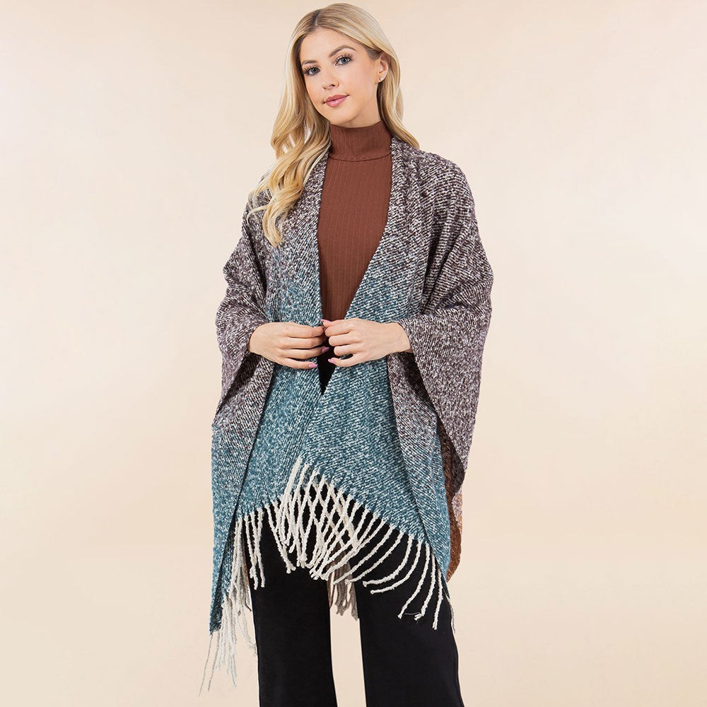 Ombre Knit Ruana Poncho for Women Open Front Fringe Shawl Wrap Cape