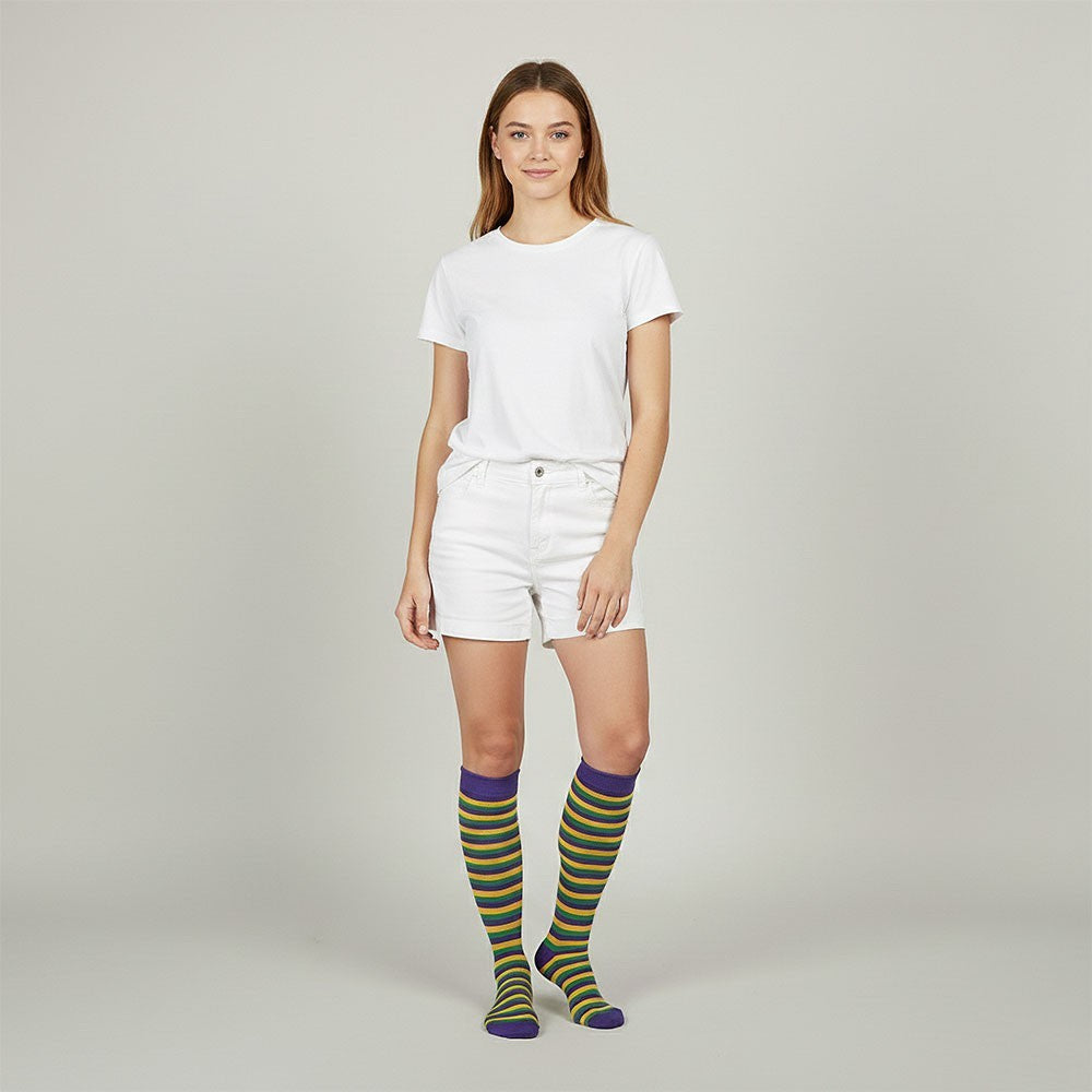 Women's Size 9-11 Mardi Gras Striped Knee-High Socks Comfortable and Breathable